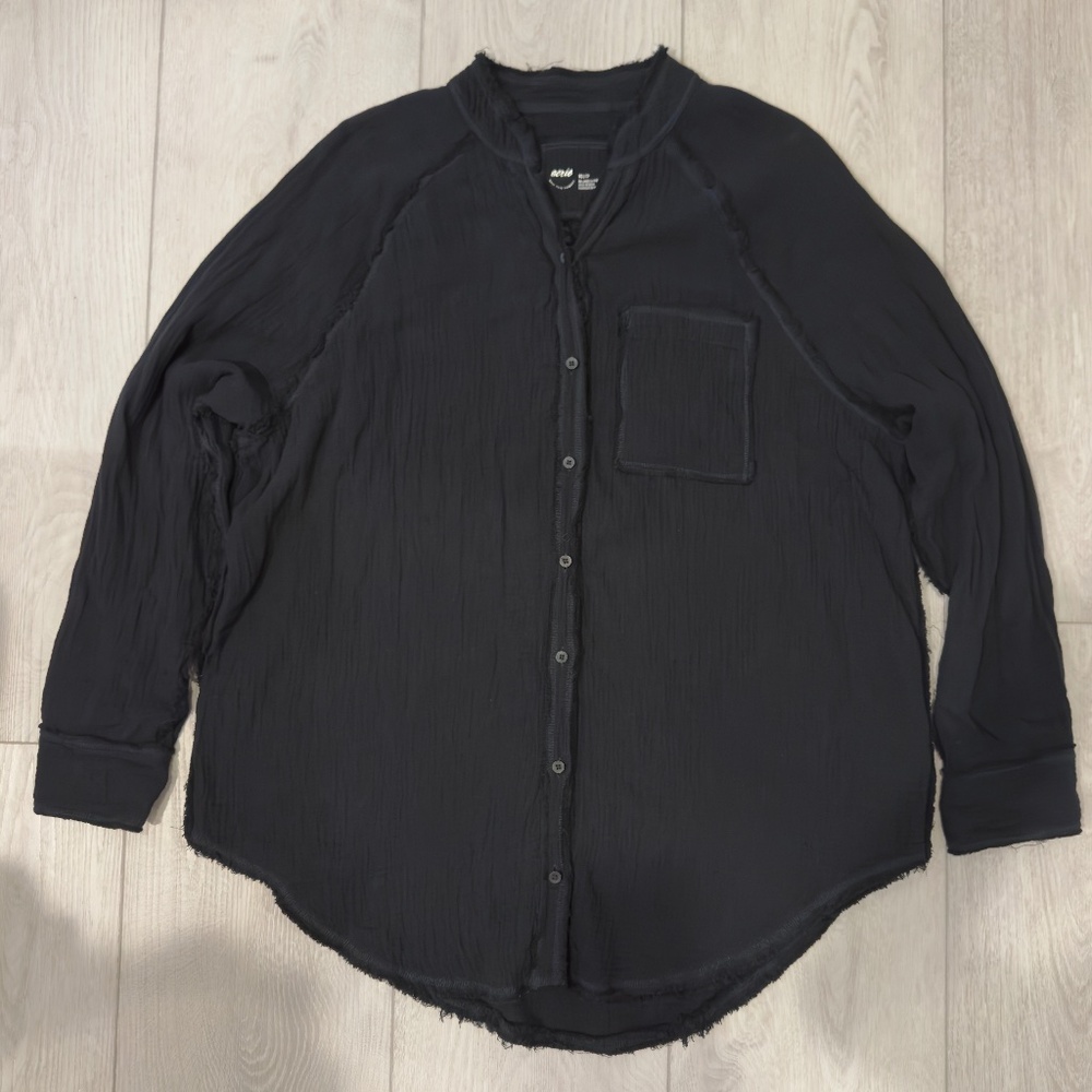 Aerie Pool-To-Party Gauzy Coverup Oversized 100% Cotton Shirt - Black Women's XS